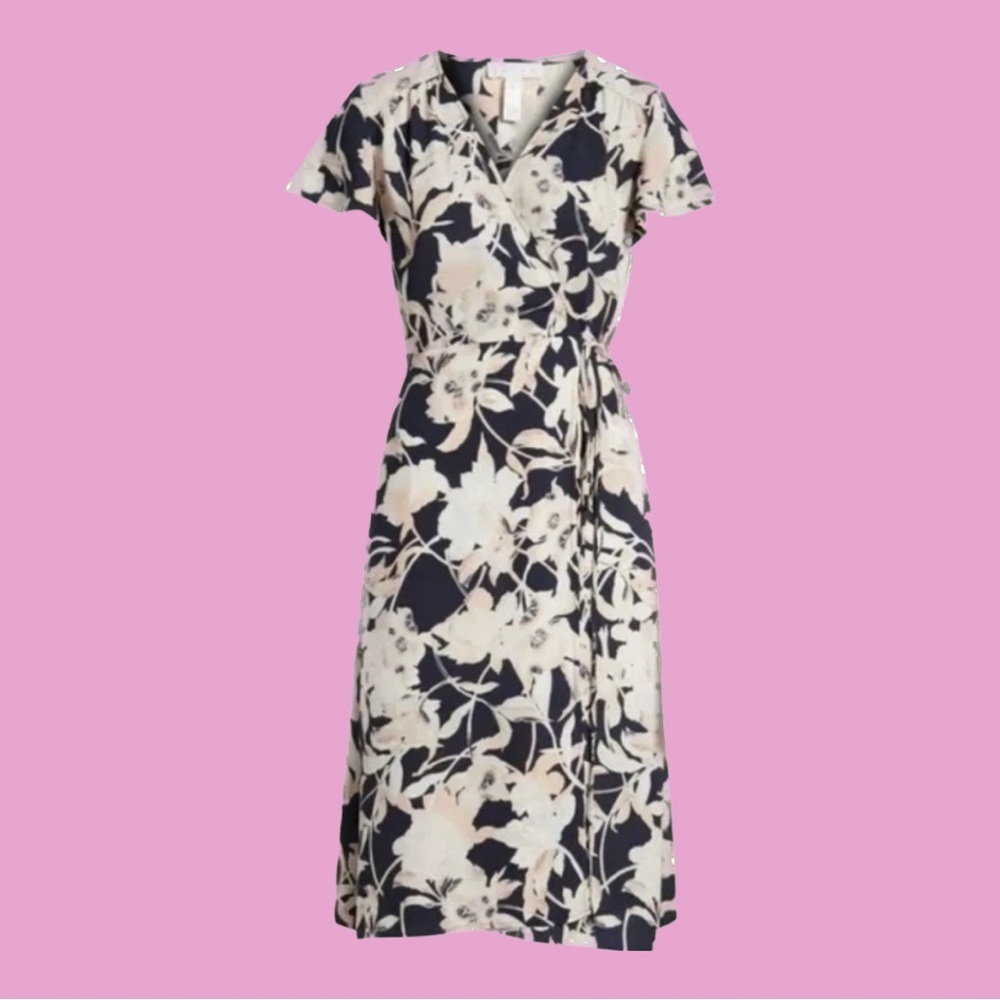 Nordstrom Leith Women’s navy pea coat aura floral dress wrap size L BRAND NEW